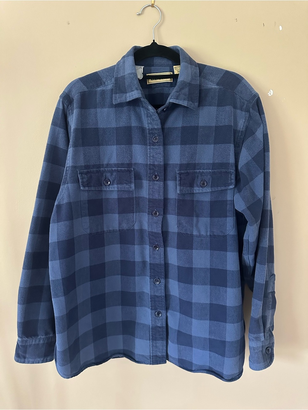 Vintage LL Bean Flannel Heavyweight Cotton Blue Plaid Button-Down Shirt Medium